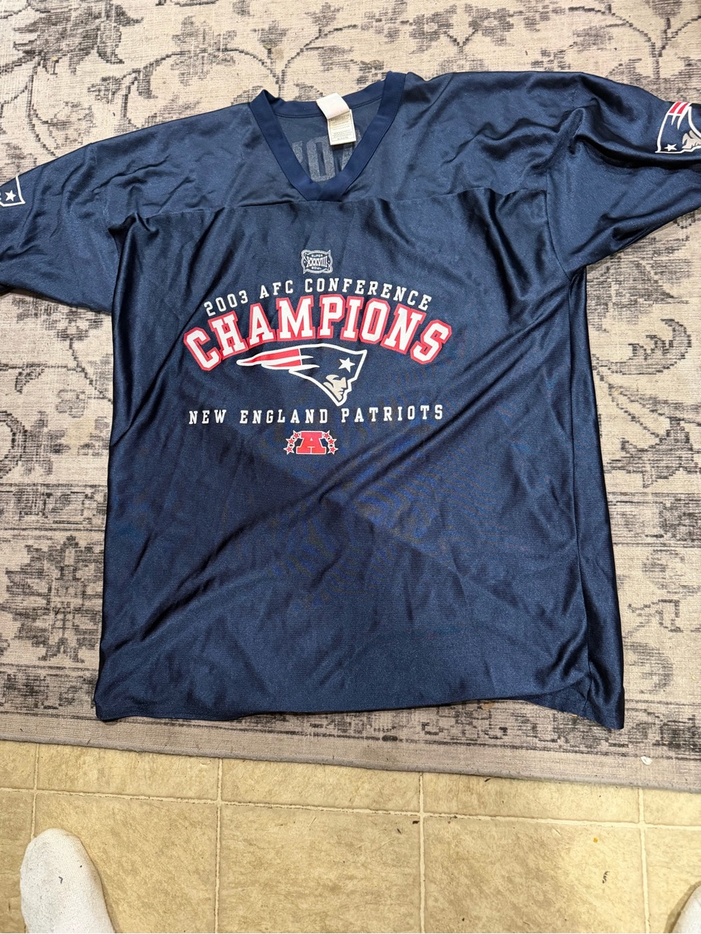 NFL New England Patriots Navy Champions Tee with Red & White Accents